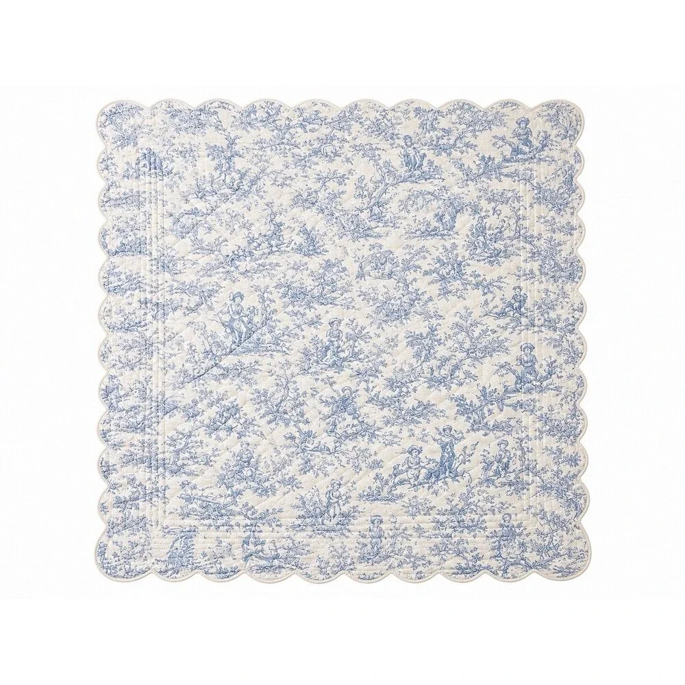 Klass Systems Blue White Toile Quilted Throw 48x58 Scalloped French Country EUC
